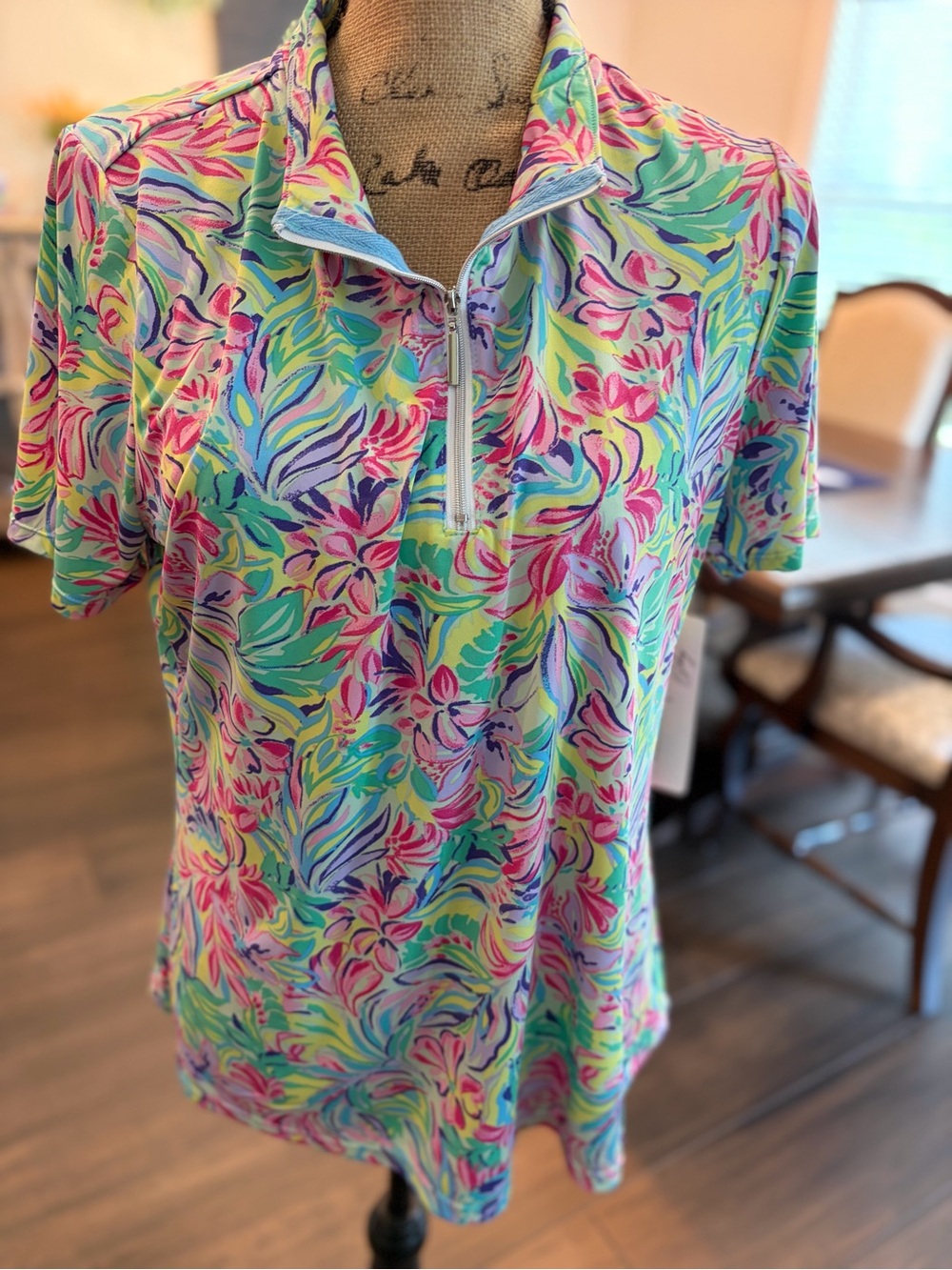 Nanette Lepore Pink, Green & Blue Floral Zip Polo